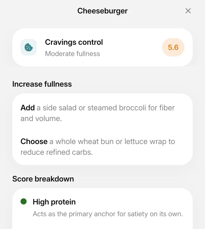 IntakeAI Cravings control detail for a cheeseburger scoring 5.6, with tips to add a side salad and choose a whole wheat bun, and a breakdown starting with high protein