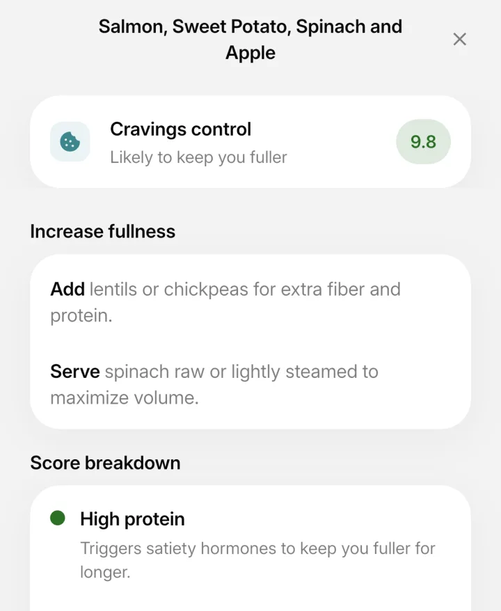 IntakeAI Cravings control detail showing a 9.8 score, two Increase fullness tips and the start of the score breakdown, high protein