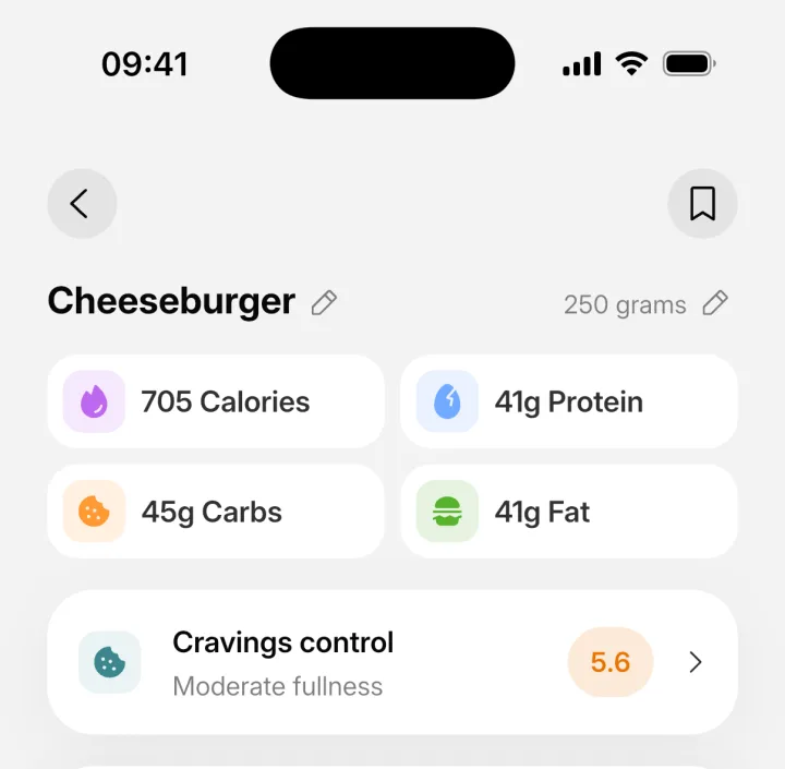 IntakeAI meal screen for a 250 gram cheeseburger: 705 calories, 41 g protein, 45 g carbs, 41 g fat and a Cravings control score of 5.6
