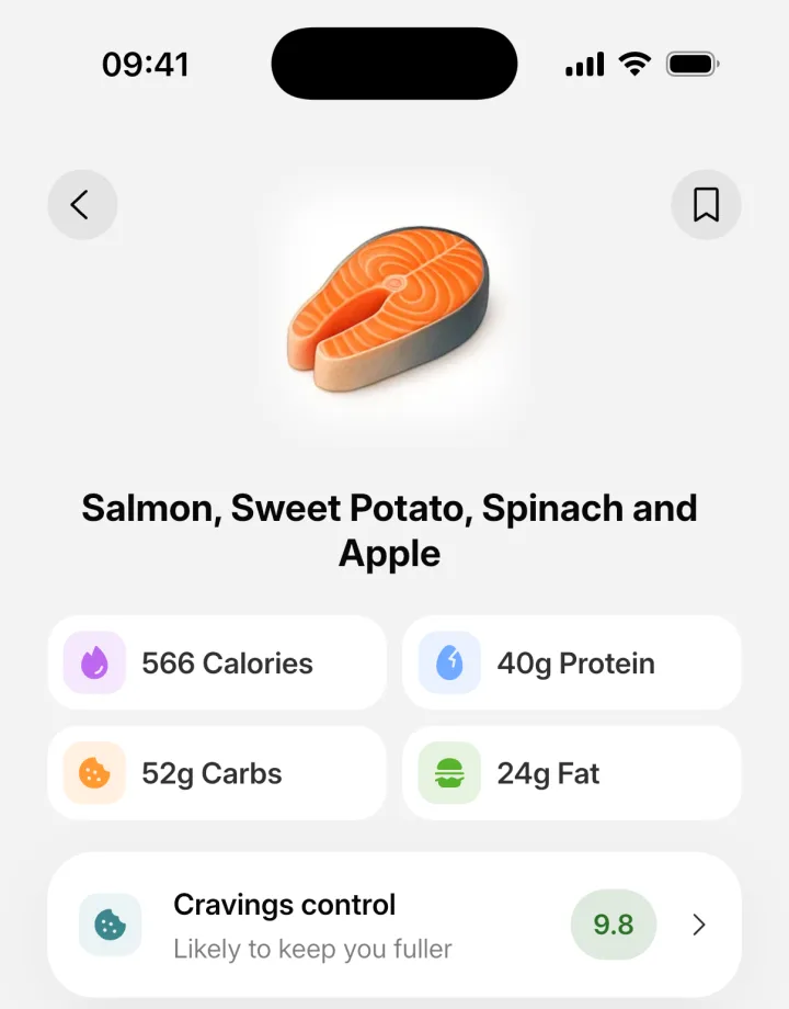 IntakeAI meal screen for salmon, sweet potato, spinach and apple: 566 calories, 40 g protein and a Cravings control score of 9.8, labelled likely to keep you fuller