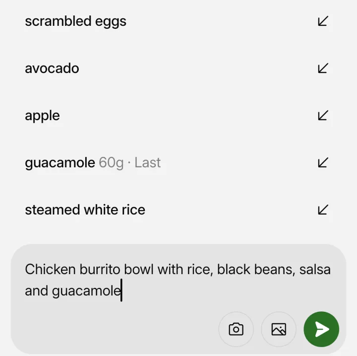 IntakeAI Describe your meal box with a typed meal, chicken burrito bowl with rice, black beans, salsa and guacamole, above recent food suggestions