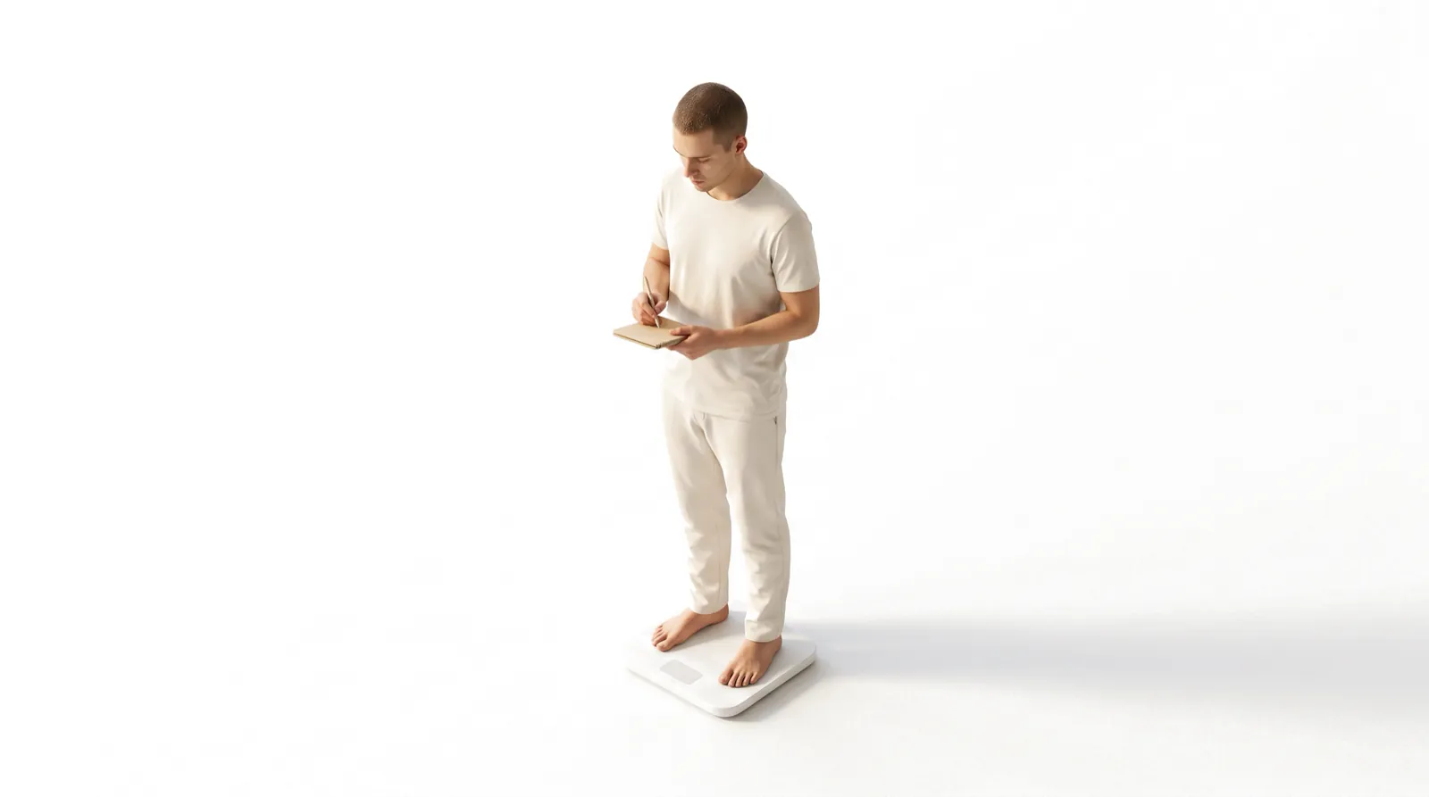 A man standing on a bathroom scale, writing in a small notebook