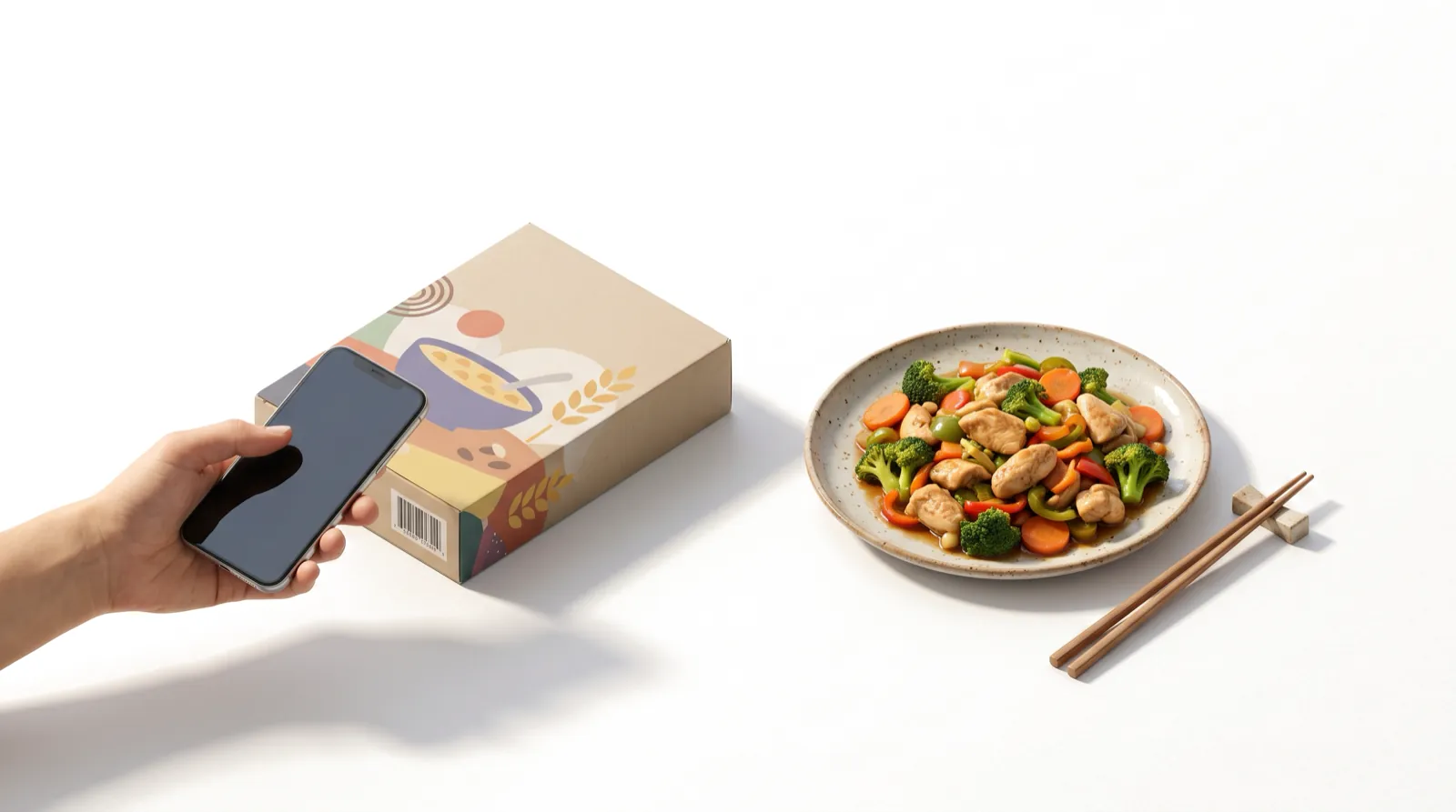 A hand scanning a cereal box barcode with a phone next to a plate of chicken stir-fry