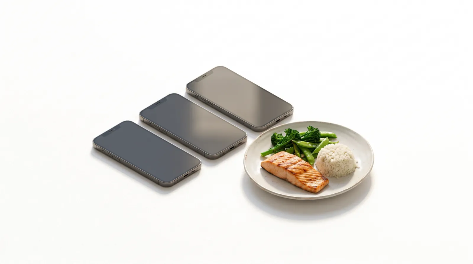 Three smartphones side by side next to a plate of salmon, rice and greens