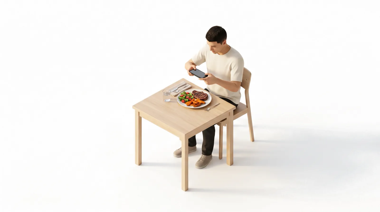 A man photographing his plate of steak, sweet potato and salad before eating