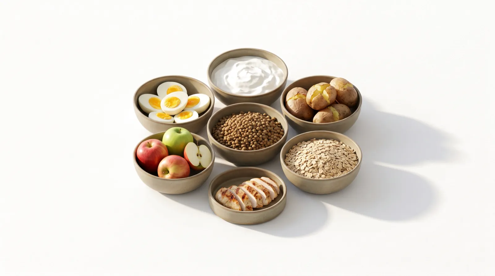 Bowls of eggs, Greek yogurt, potatoes, lentils, apples, oats and grilled chicken