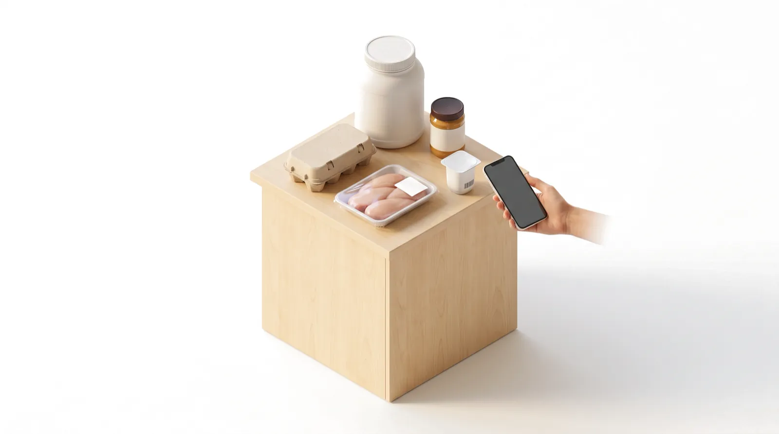 A hand scanning a yogurt pot barcode next to protein powder, eggs, chicken and peanut butter