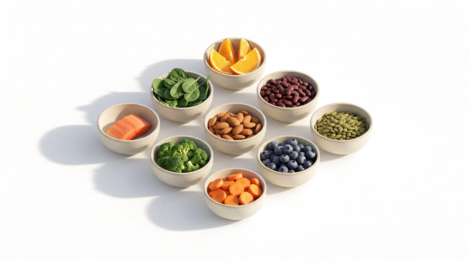 Small bowls of spinach, oranges, beans, salmon, almonds, seeds, broccoli, carrots and blueberries
