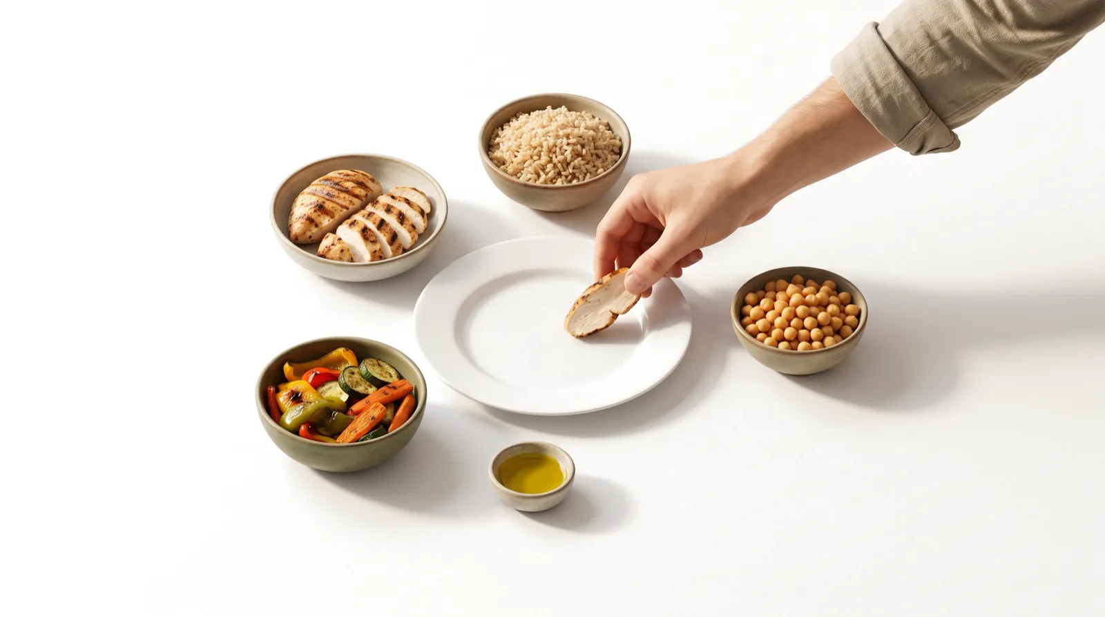 A hand placing grilled chicken on a plate surrounded by bowls of rice, vegetables, chickpeas and olive oil