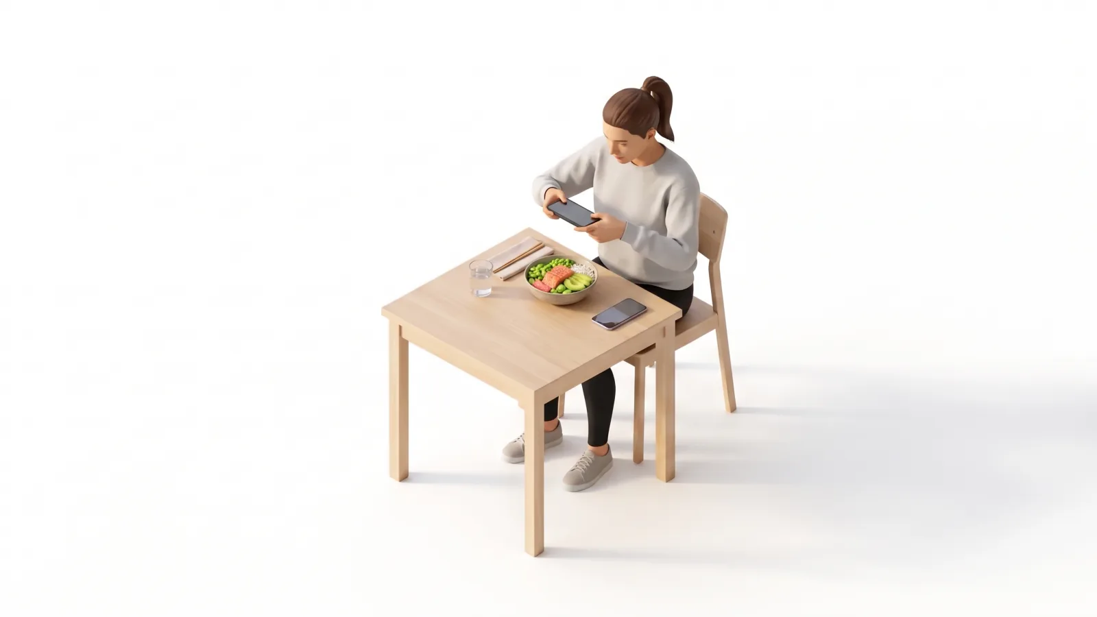 A woman photographing a bowl of salmon, avocado, edamame and rice with her phone, a second phone lying on the table