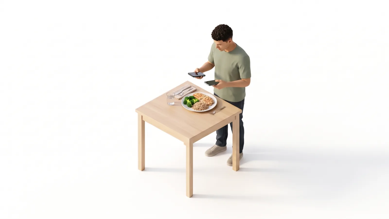 A man standing by a table comparing two smartphones, a plate of chicken, rice and broccoli beside him
