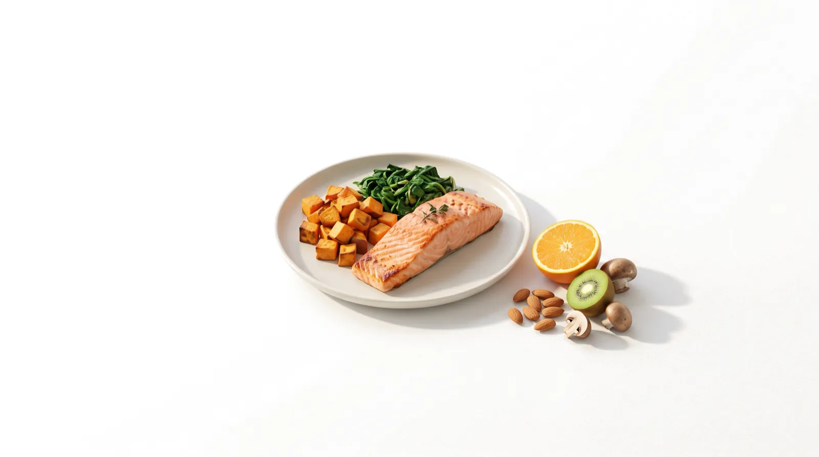 A plate of salmon, sweet potato and spinach next to an orange, kiwi, almonds and mushrooms