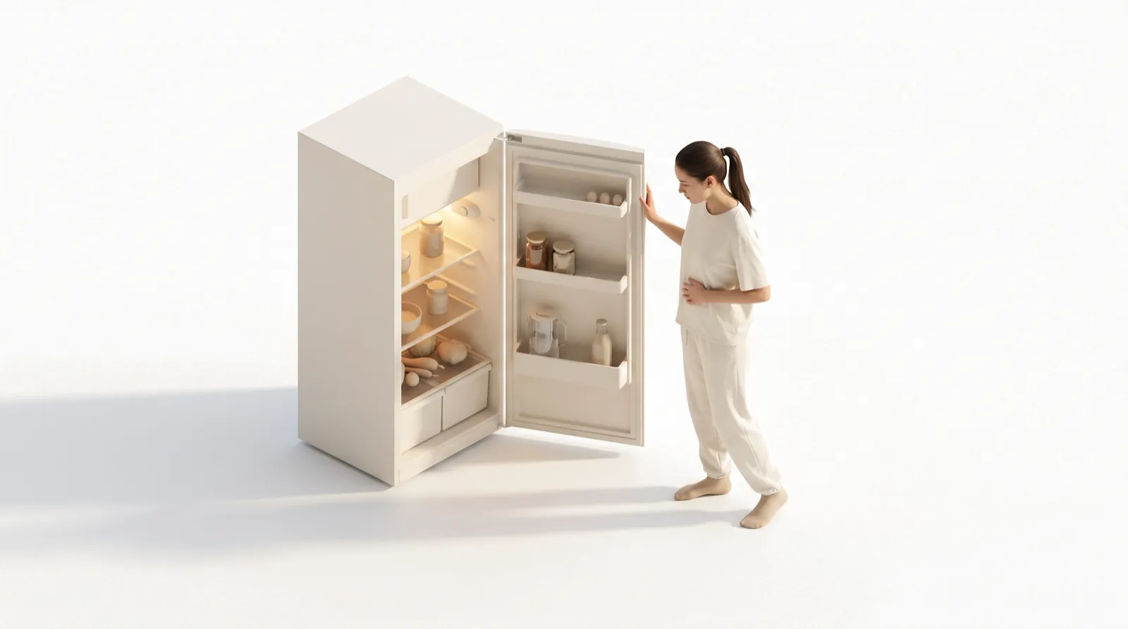 A woman at an open fridge with a hand on her stomach, deciding if she is really hungry