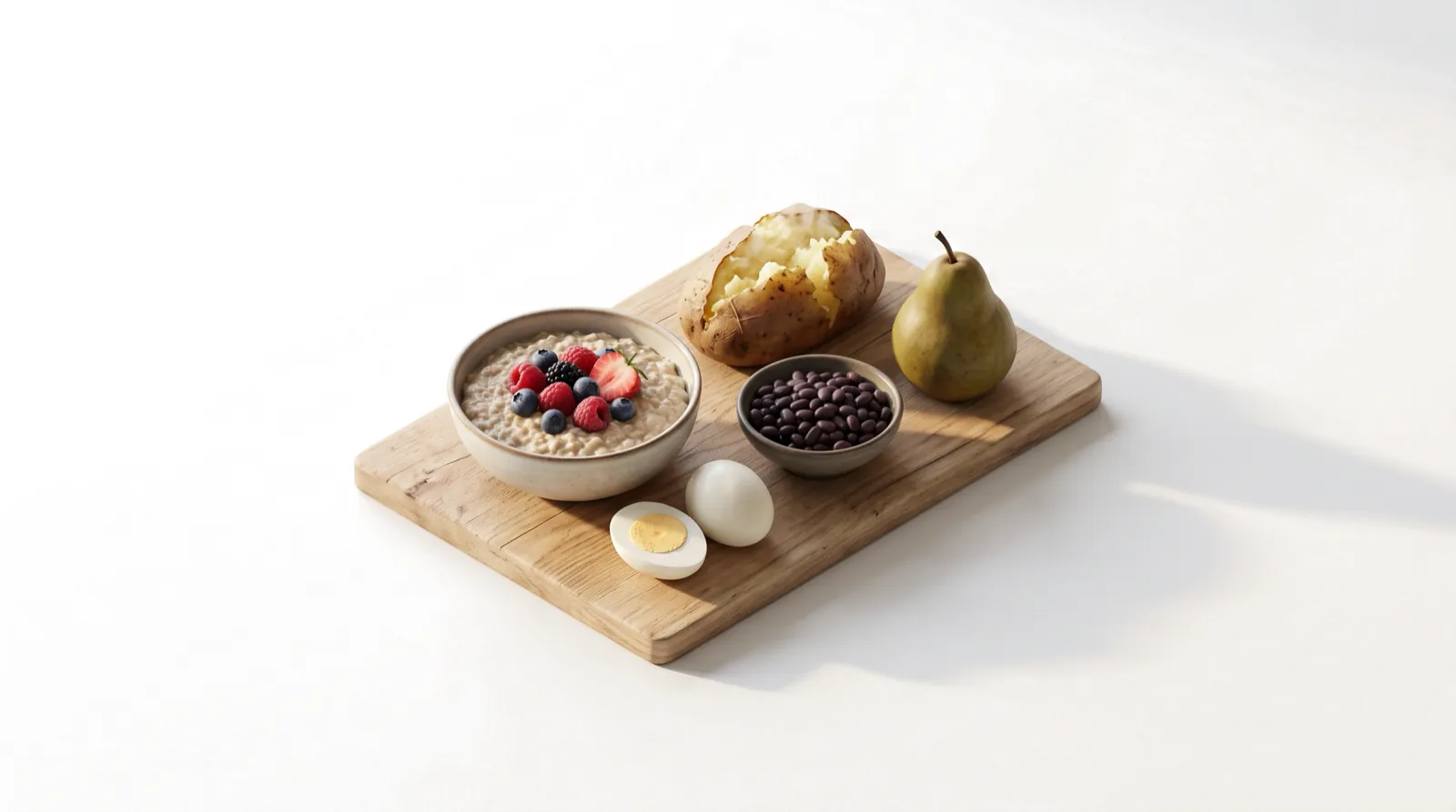 A board with porridge and berries, boiled eggs, black beans, a baked potato and a pear