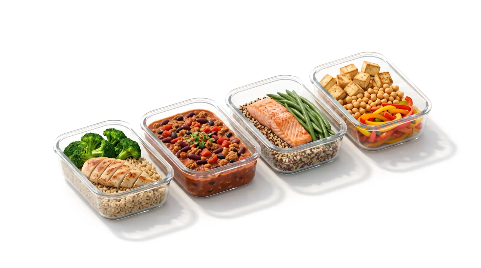 Four meal-prep containers of chicken and rice, turkey chilli, salmon with quinoa, and tofu with chickpeas