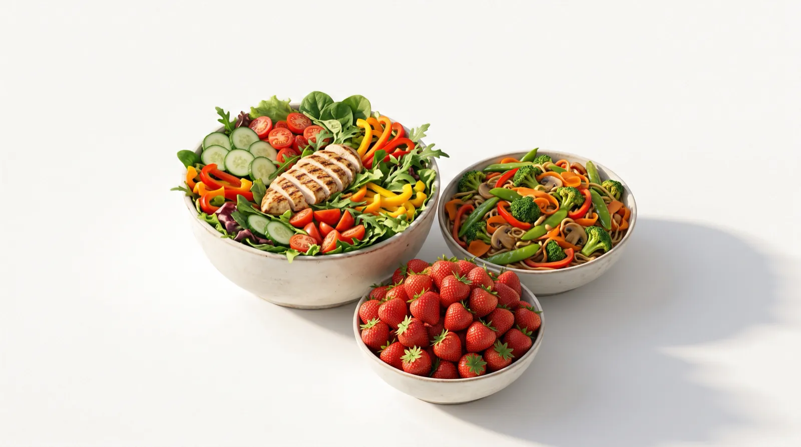 Large bowls of chicken salad, vegetable stir-fry and strawberries
