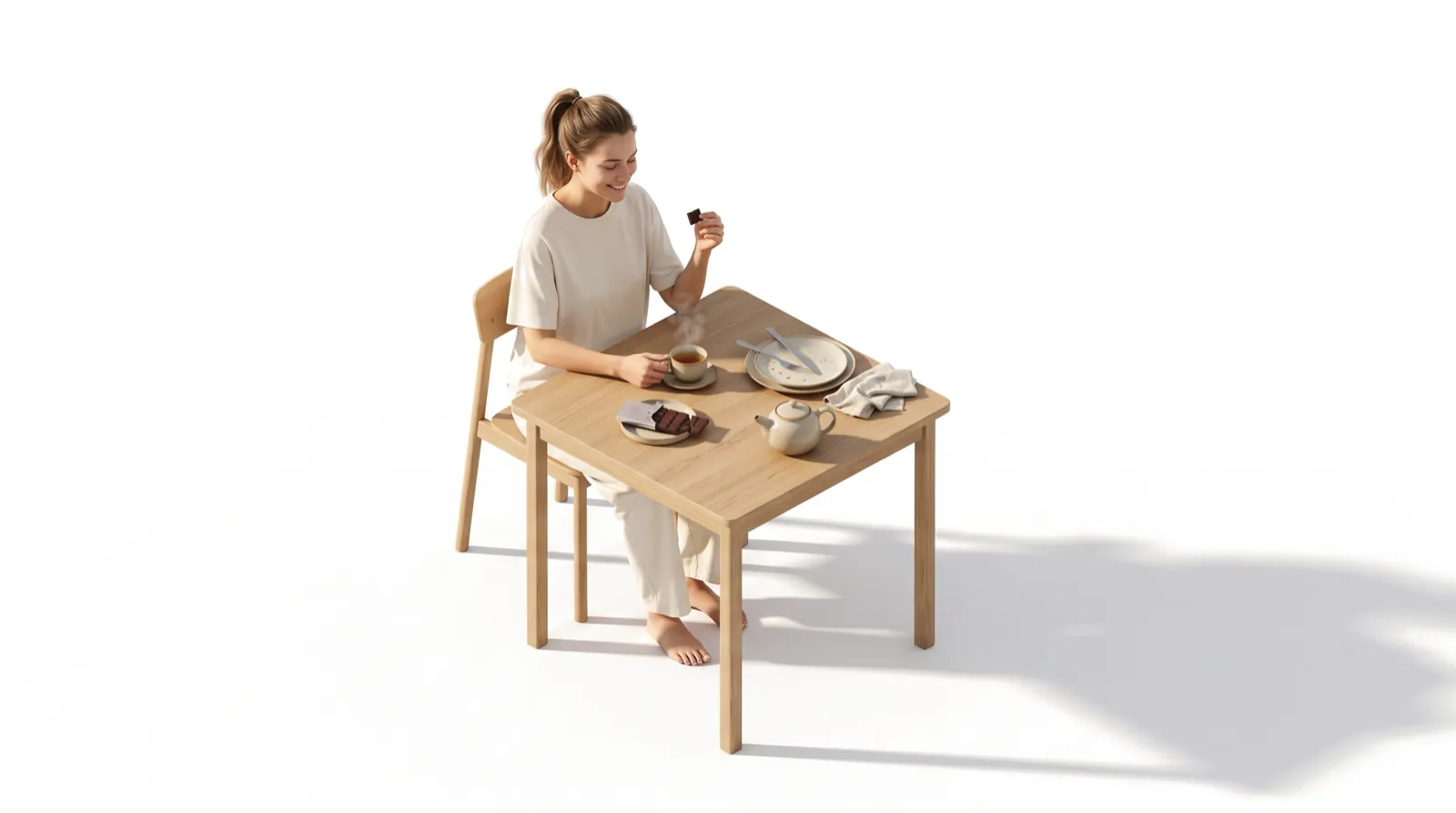 A woman enjoying a square of dark chocolate and a cup of tea after dinner