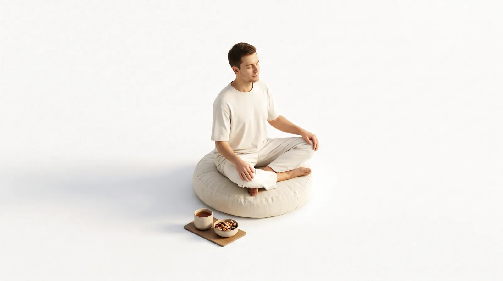A man sitting calmly on a floor cushion with eyes closed, tea and a bowl of nuts beside him