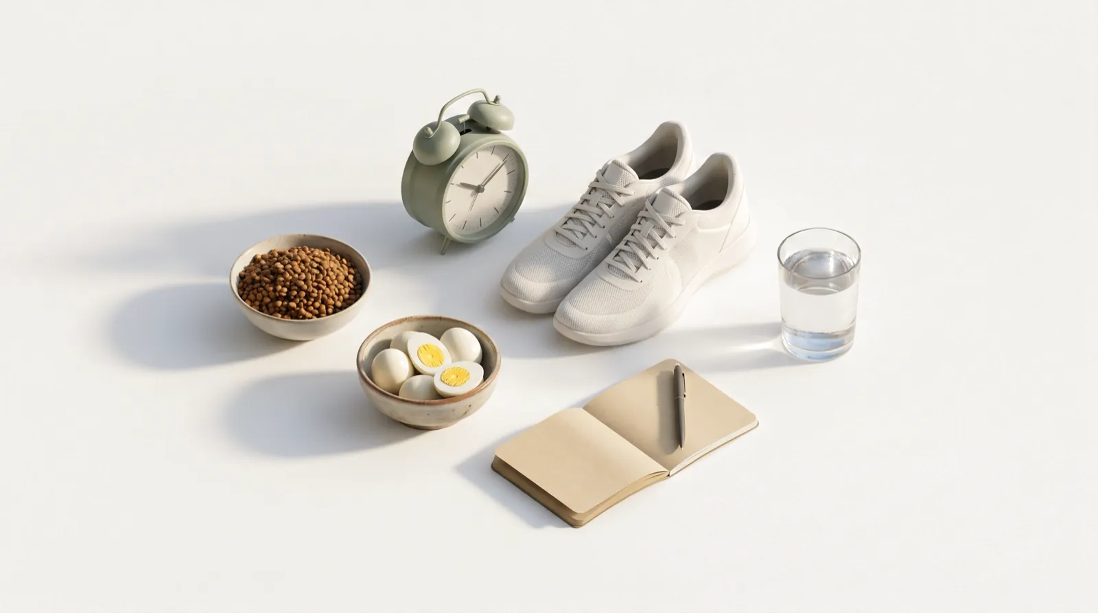 A glass of water, eggs, lentils, an alarm clock, running shoes and a notebook