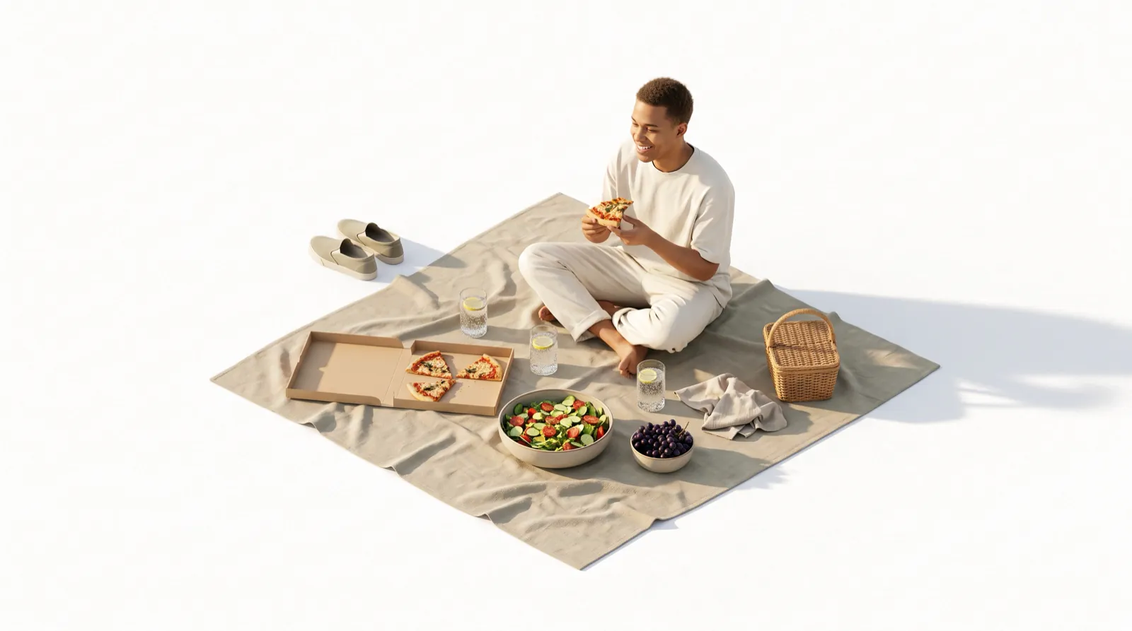 A man enjoying pizza on a picnic blanket with salad, grapes and sparkling water