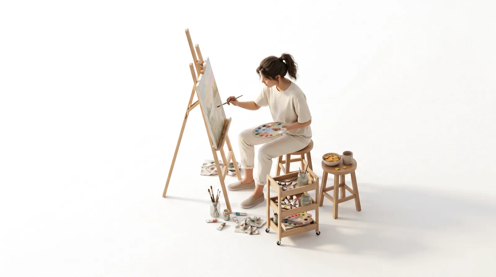 A woman absorbed in painting at an easel, a bowl of snacks forgotten nearby