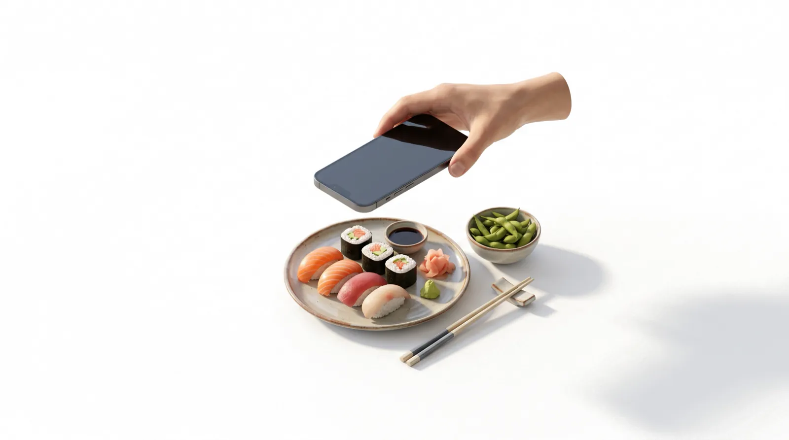 A hand holding a phone above a plate of sushi to photograph it