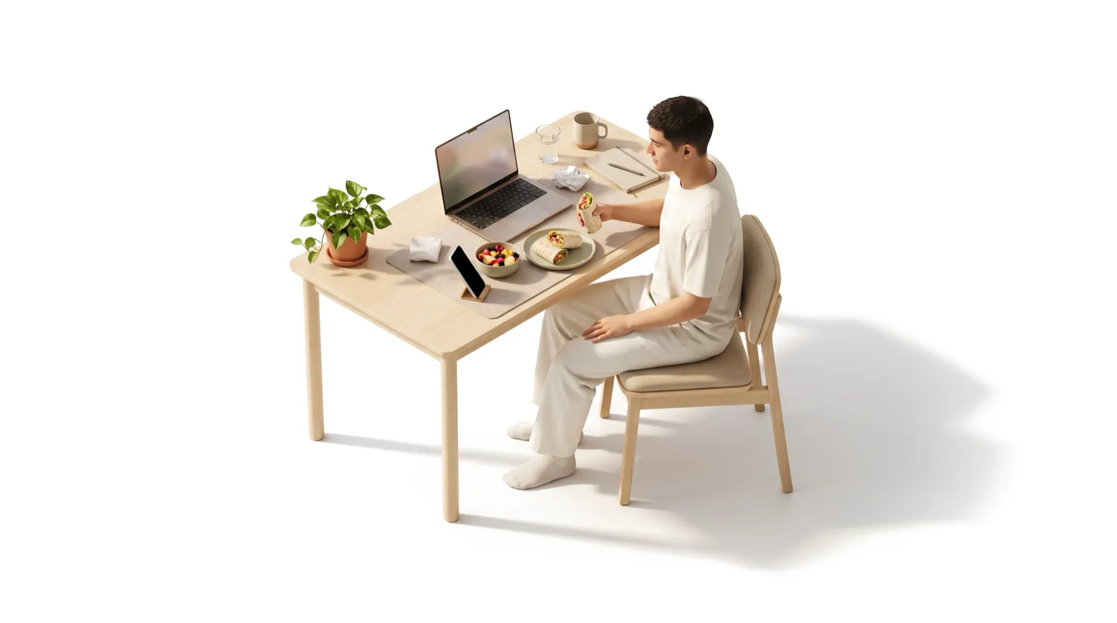 A man eating lunch at his desk with his phone propped up beside the plate