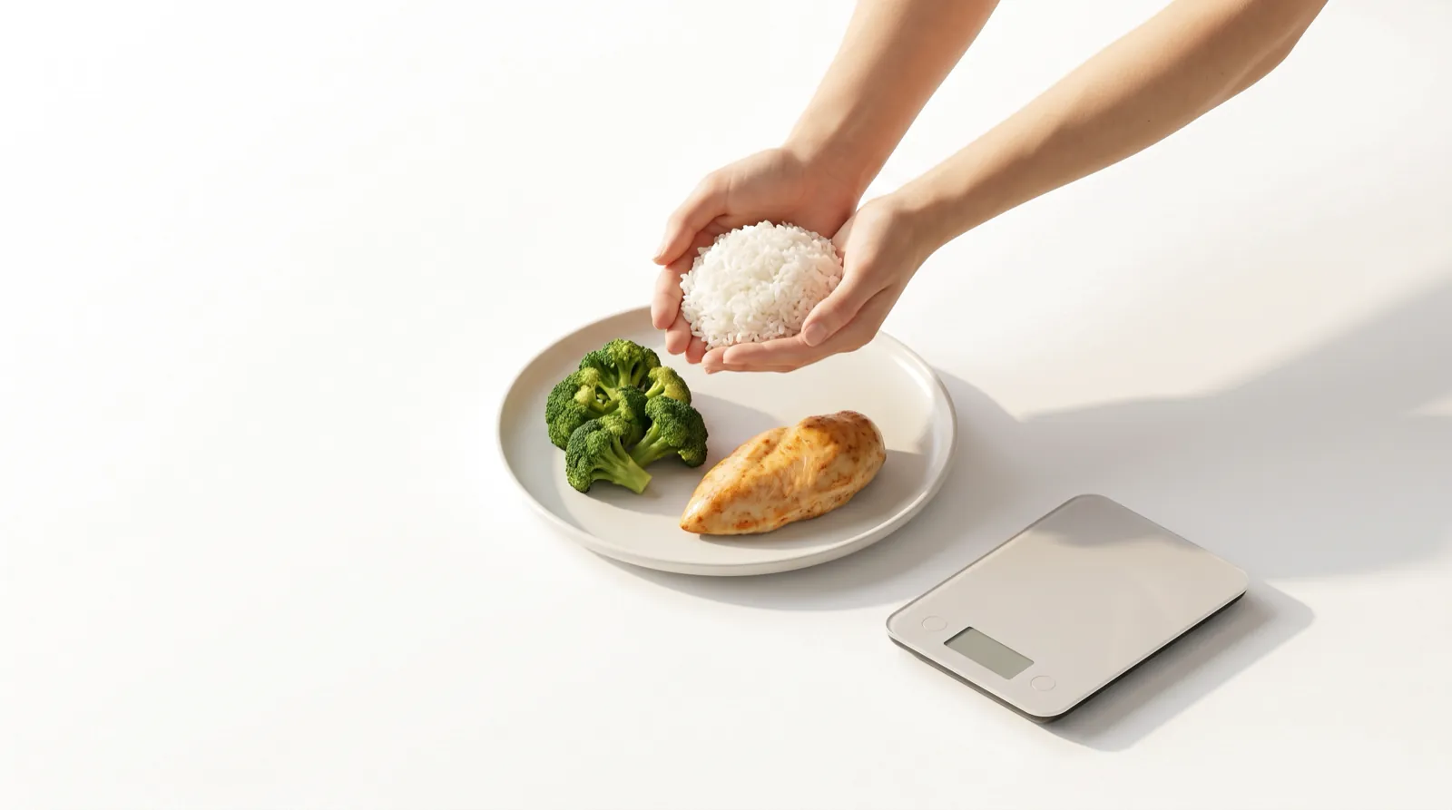 Cupped hands holding a portion of rice over a plate of chicken and broccoli, a kitchen scale set aside