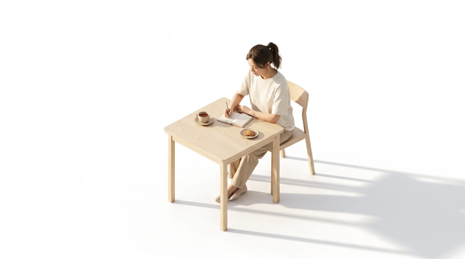 A woman writing in a notebook at a small table with a cup of tea and a cookie