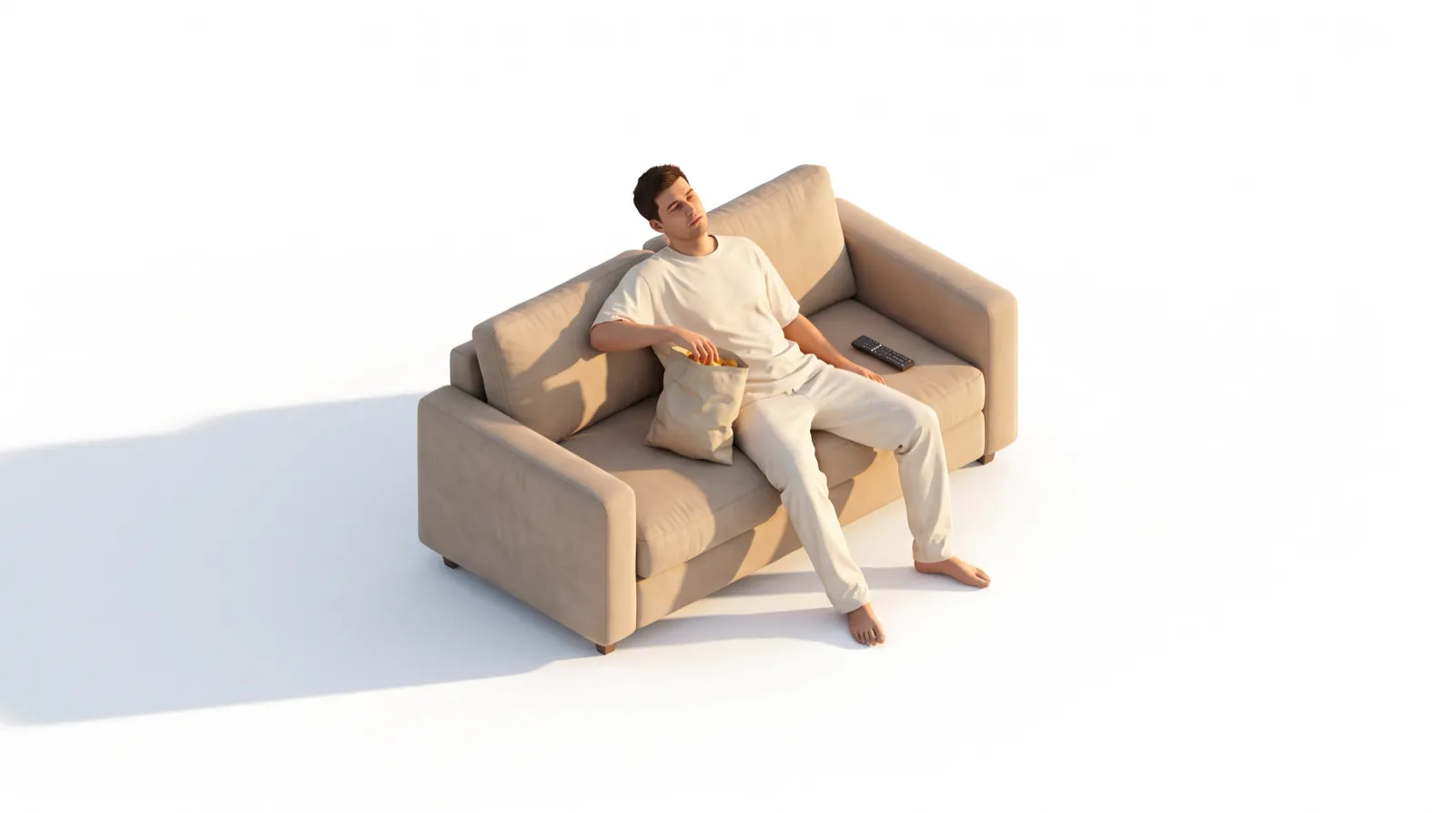 A tired man slumped on a sofa in the evening with a bag of crisps