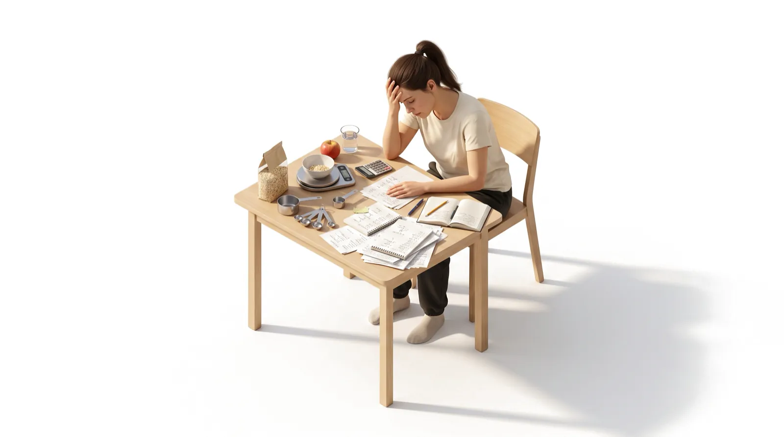 A frustrated woman at a table covered in a kitchen scale, measuring cups and notes