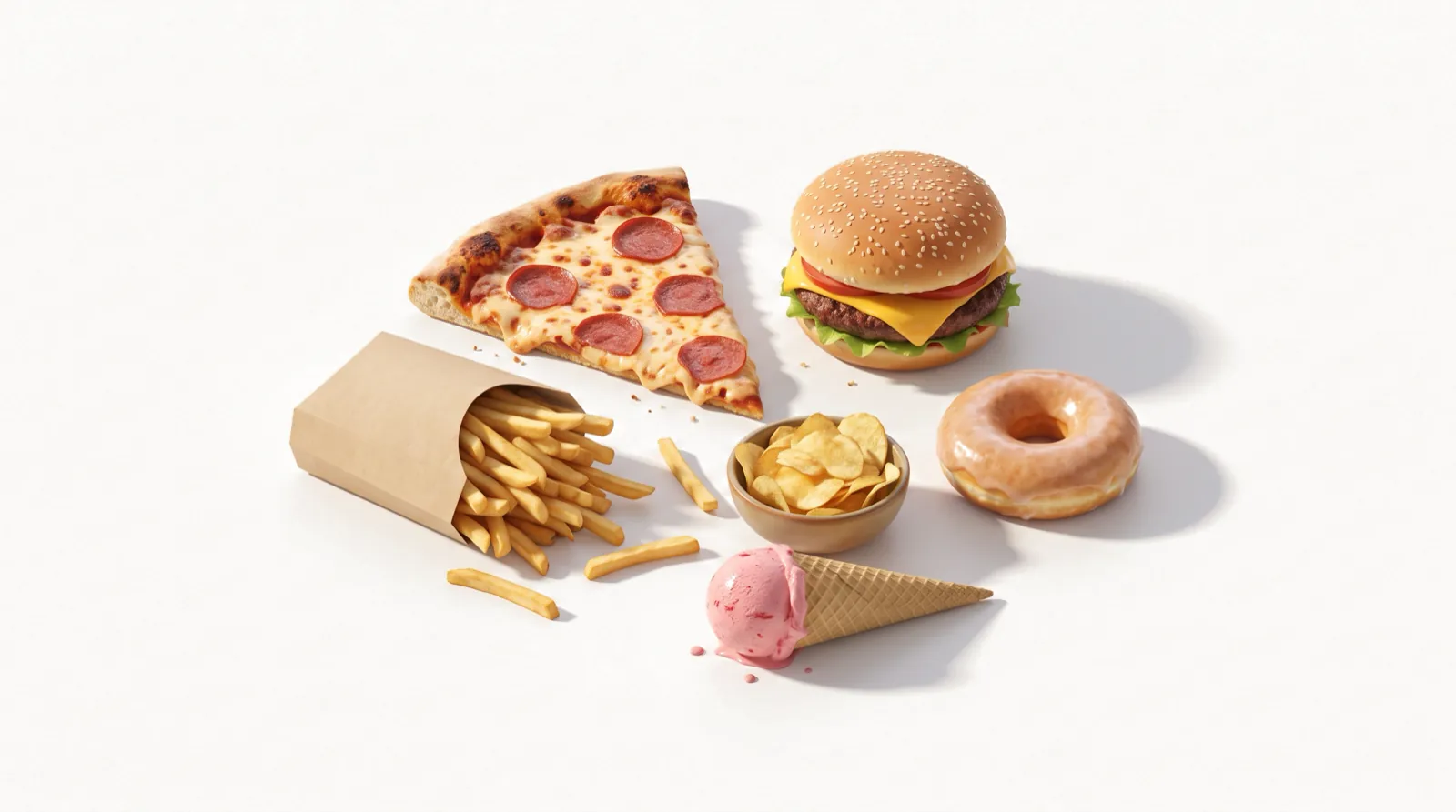 Pizza, a cheeseburger, fries, a doughnut, crisps and an ice cream cone