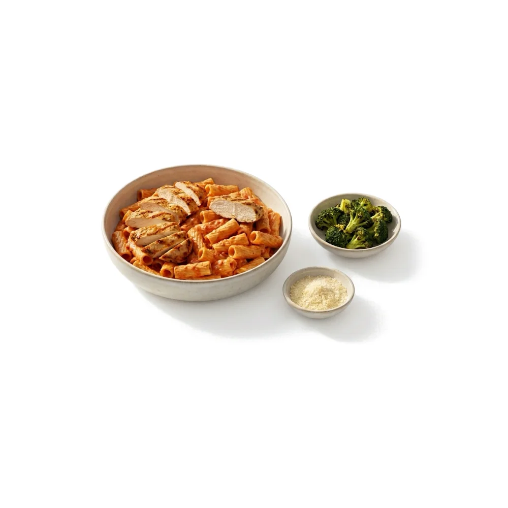 A bowl of tomato pasta topped with sliced grilled chicken, with sides of broccoli and parmesan
